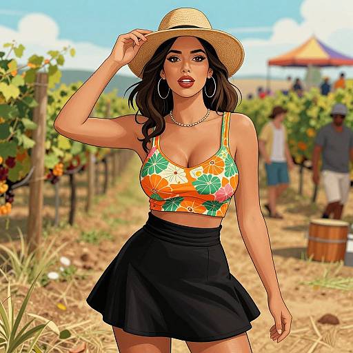 Digital illustration of a curvy woman with tan skin, wearing a straw hat, orange floral crop top, and black skirt, standing in a sunny vine