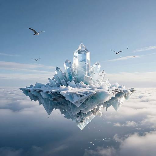 Photograph-style CGI of a floating, crystalline iceberg island with jagged ice structures, surrounded by flying birds, and set against a bright blue sky