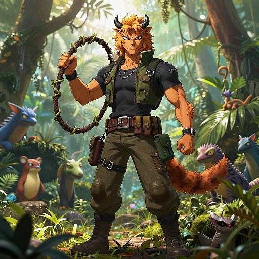 Digital art of a muscular, horned, anthropomorphic red-furred creature with a striped tail, holding a whip, standing in a lush jungle with