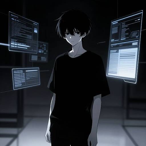 Digital anime drawing of a silent, black-haired boy in a black t-shirt, surrounded by glowing, floating text screens in a dark, futuristic room.