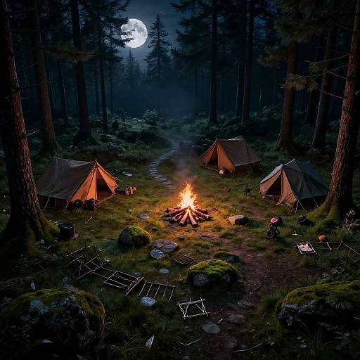 Photograph of a nighttime forest campsite with three lit tents, a roaring campfire, moonlit sky, and campers around, surrounded by tall