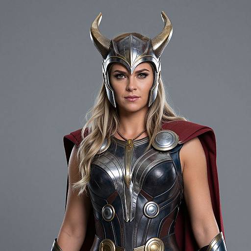 Photograph of a blonde woman with long wavy hair, wearing a silver horned helmet, black armor with gold accents, and a red cape,