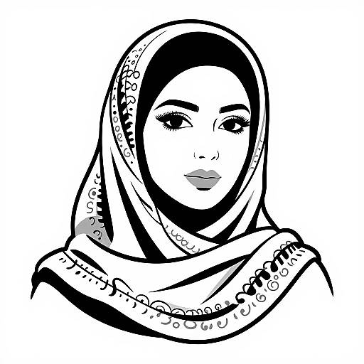 Black-and-white digital drawing of a woman with a hijab, featuring intricate floral patterns, large eyes, and a serene expression.