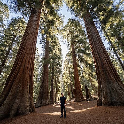 Photograph of a person standing in awe before towering redwood trees, sunlight filtering through dense foliage, casting long shadows on the forest floor.