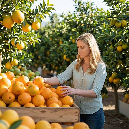 Woman Picking Oranges in Orchard