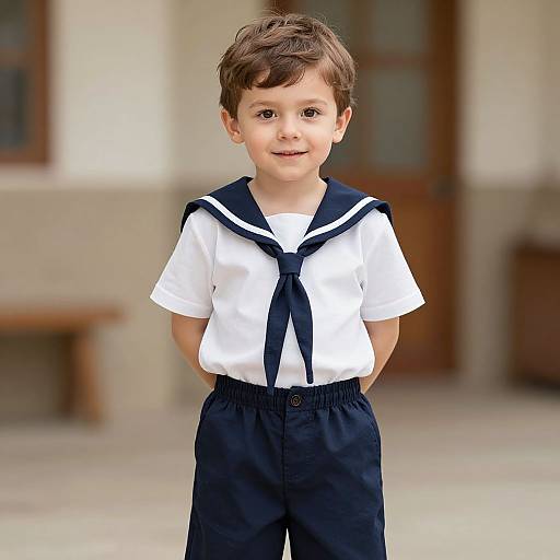 Photograph of a young boy with short brown hair, wearing a white sailor shirt with a navy necktie and dark navy pants, standing outside with a