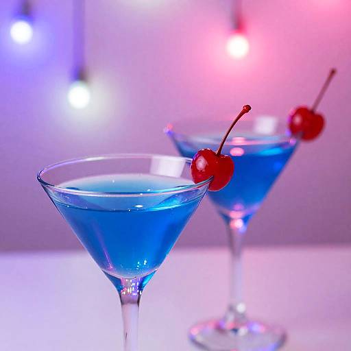 Photograph of two martini glasses with vibrant blue cocktails, each garnished with a red cherry, against a blurred pink and blue background with soft lights
