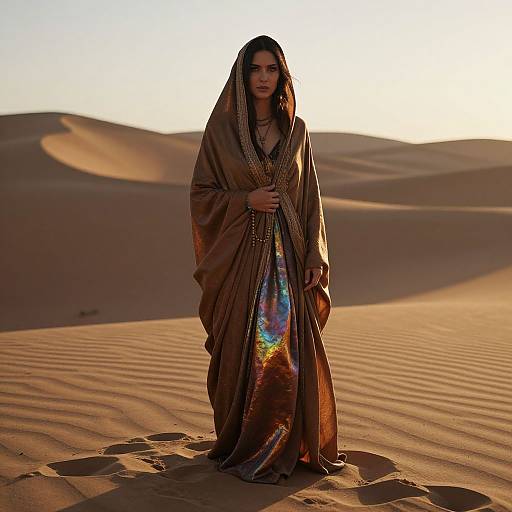 Photograph of a woman with long dark hair, wearing a brown, ornately-embroidered robe, standing in a sunlit desert with sand