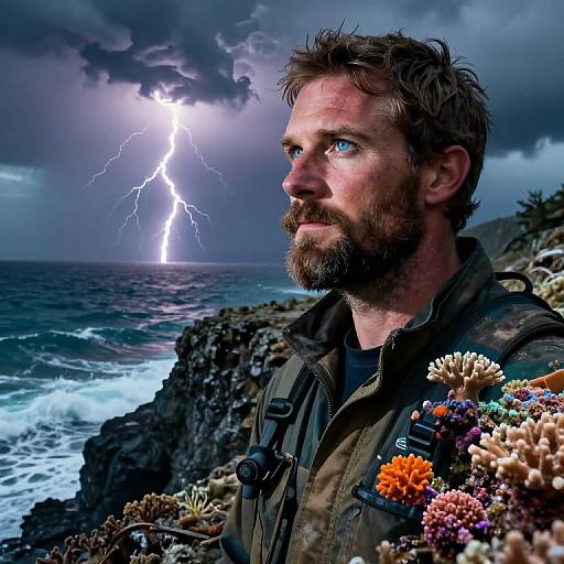 Photograph of a bearded, blue-eyed man with messy hair, wearing a camo jacket, standing by a stormy ocean with vibrant coral,