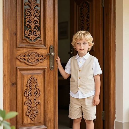 Curious Boy by Ornate Wooden Door