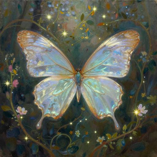 Digital painting of a glowing, iridescent blue and orange butterfly with sparkling wings, surrounded by twinkling stars and delicate flowers in a dark, enchanted