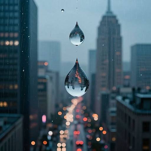 Photograph of two water droplets on a rainy city window, reflecting skyscrapers and blurred, glowing streetlights below. Blue twilight sky.