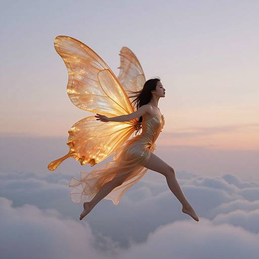 Photograph of a fairy with translucent, glowing orange wings, wearing a shimmering golden dress, soaring above a sea of clouds at sunset.
