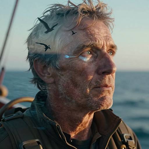 Photograph of a weathered, middle-aged man with tousled gray hair, wearing a military-style jacket, gazing at sea, with black sil