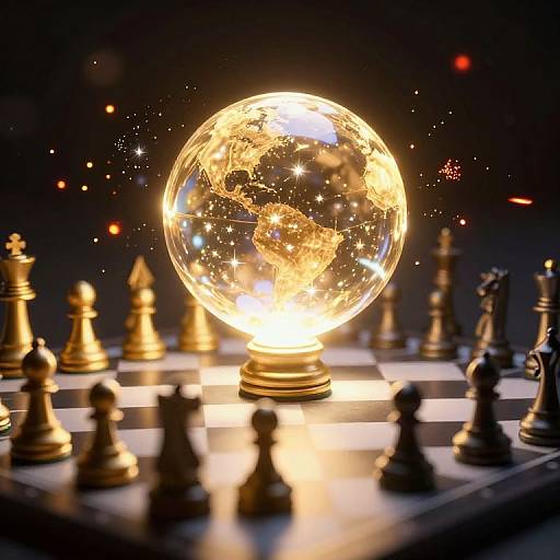 Photograph of glowing glass globe with illuminated continents on chessboard, surrounded by black and gold chess pieces in dark background.
