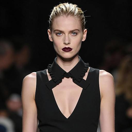 Blonde Model in Black Dress with Dark Lipstick