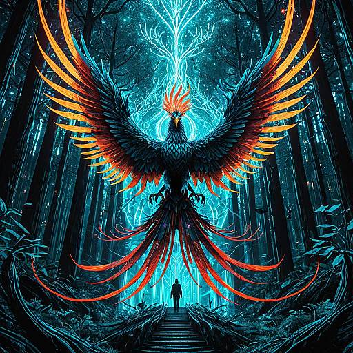 Ethereal Phoenix in Neon Cyber Forest