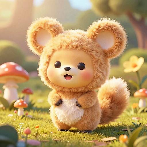 Cute digital illustration of a fluffy, beige teddy bear-like creature with large eyes and pink cheeks, standing in a sunlit forest with mushrooms and