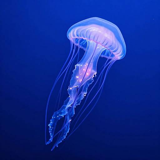 Photograph of a glowing blue jellyfish with translucent, flowing tentacles and pinkish lights against a deep blue underwater background.