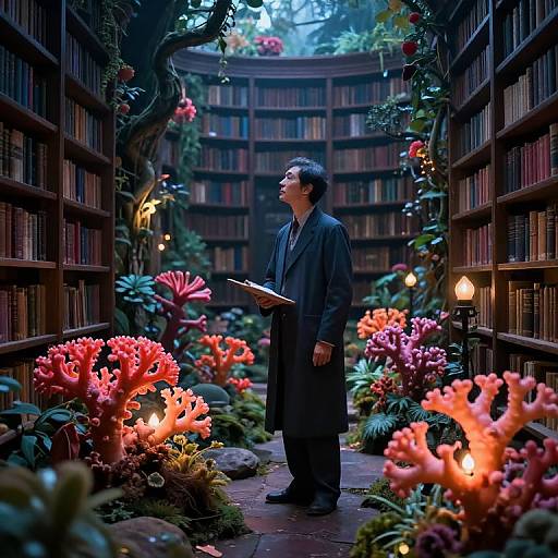 Mystical Librarian in Enchanted Garden