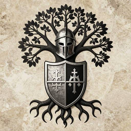 Black and silver metal shield with a knight's helmet and tree, split shield with fleur-de-lis and cross, textured beige background.
