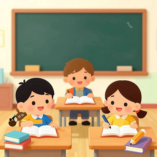 Cartoon illustration of three children, two boys and one girl, sitting at desks in a classroom, writing in open books, with a chalkboard in