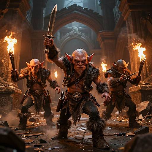 Digital artwork of three fierce, bald, red-skinned orcs with pointed ears, wielding swords, standing in a dimly lit, fiery, ruins
