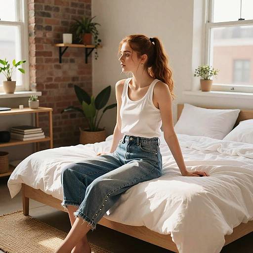 Photograph of a red-haired woman in a white tank top and blue jeans sitting on a sunlit, white-bedroom bed.