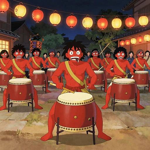 Festive Oni Drummers Under Lanterns
