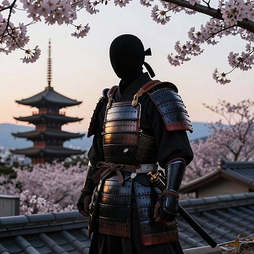 Silhouetted samurai in full armor stands beneath cherry blossoms, with a traditional pagoda in the background at sunset. Photorealistic digital