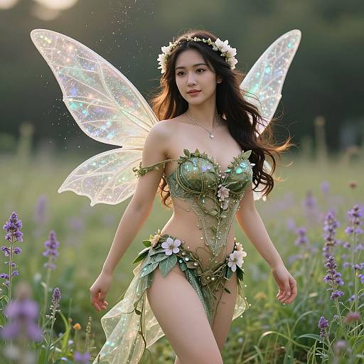 Photograph of an ethereal Asian fairy with long black hair, wearing a leafy green bikini and translucent, shimmering wings, standing in a sun