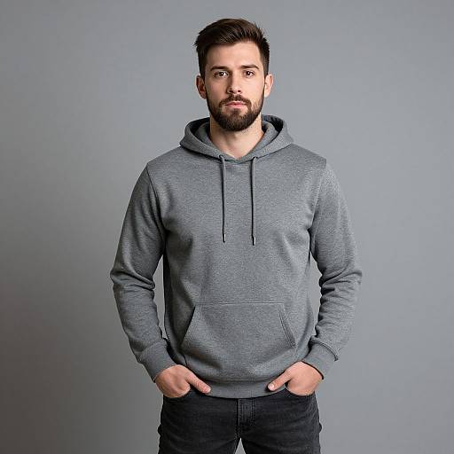 Photograph of a bearded man with short dark hair, wearing a gray hooded sweatshirt and black pants, hands in pockets, standing against a