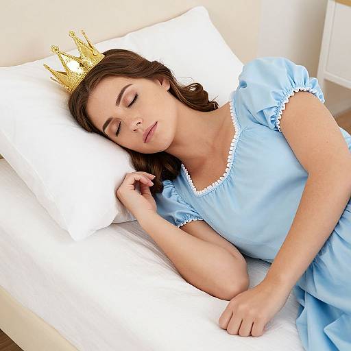 Photograph of a fair-skinned woman with brown hair, wearing a blue princess dress and gold crown, sleeping on a white pillow.