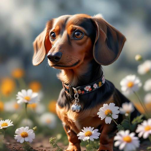 Realistic Dachshund Among White Flowers