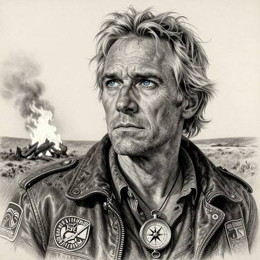 Digital black-and-white portrait of a rugged, blue-eyed man with messy blonde hair, wearing a leather jacket with patches, and a compass pendant, set