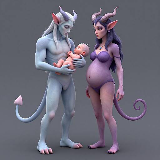 Digital CGI of a blue-skinned, horned male demon holding a baby, standing beside a purple-skinned, pregnant female demon with horns, both