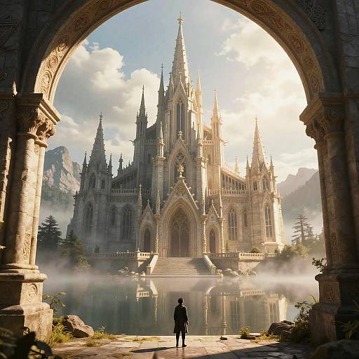 Photograph of a grand Gothic cathedral seen through a stone archway, with misty reflections in a tranquil pond, and a solitary figure standing in the