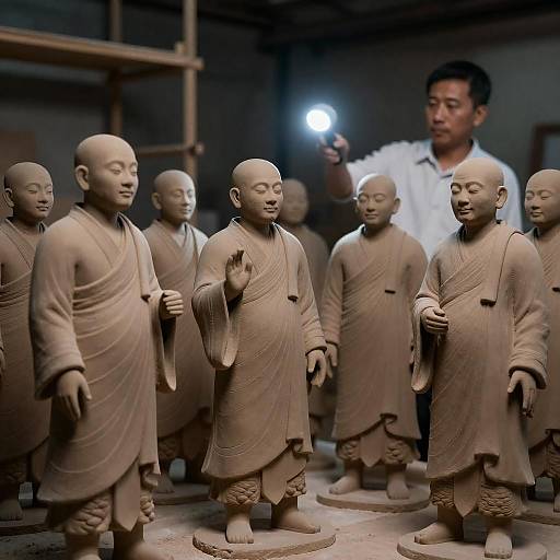 Artisan Inspecting Clay Monk Statues