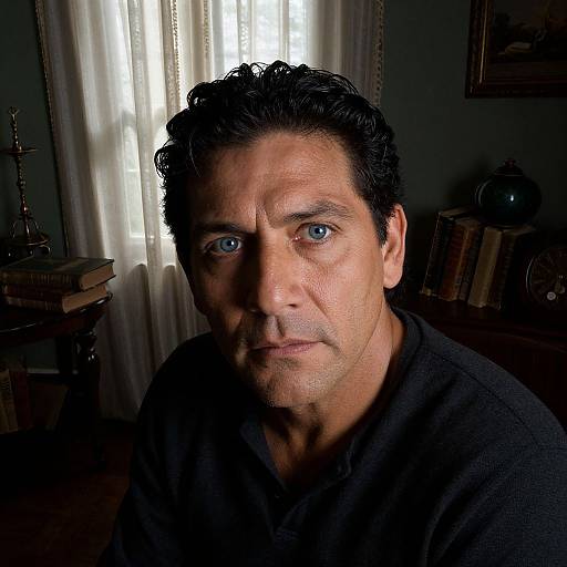 Photograph of a middle-aged man with dark curly hair, blue eyes, and a serious expression, wearing a dark shirt, in a dimly lit