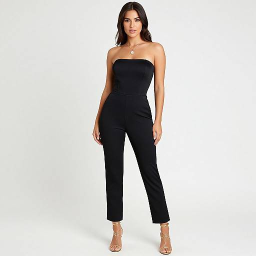 Photograph of a dark-haired woman in a strapless black jumpsuit, standing confidently with arms at her sides, wearing beige high heels and a pendant