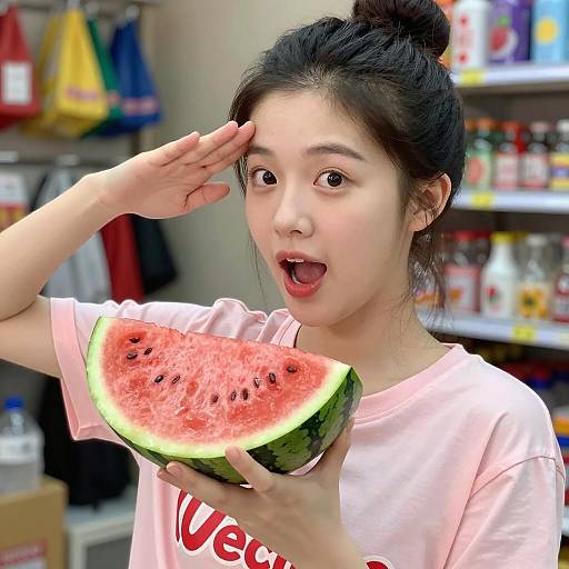 Cheerful Woman Enjoying Watermelon in Store