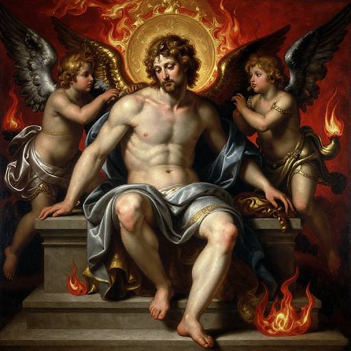 Baroque painting of muscular, bearded Jesus with curly hair, wings, and draped cloth, flanked by cherubic angels with wings, surrounded by