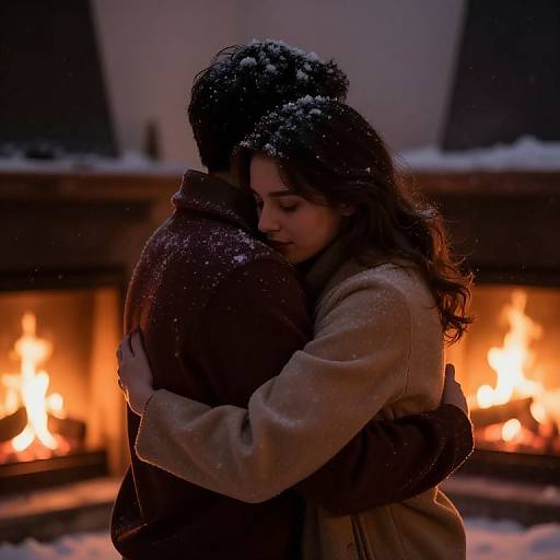 Photograph of a snow-dusted couple embracing warmly in front of a roaring fireplace, both wearing winter coats, with soft, intimate lighting.