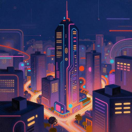 Neon-lit, futuristic cityscape digital artwork featuring vibrant purple, blue, and orange lights on towering skyscrapers, with glowing traffic lights and