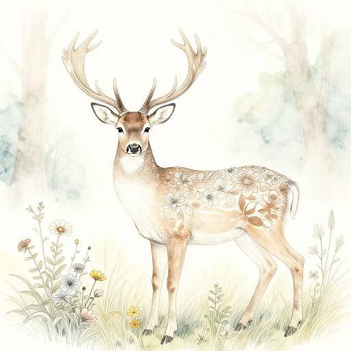Watercolor illustration of a majestic deer with large antlers standing in a grassy field adorned with small flowers, looking directly at the viewer.