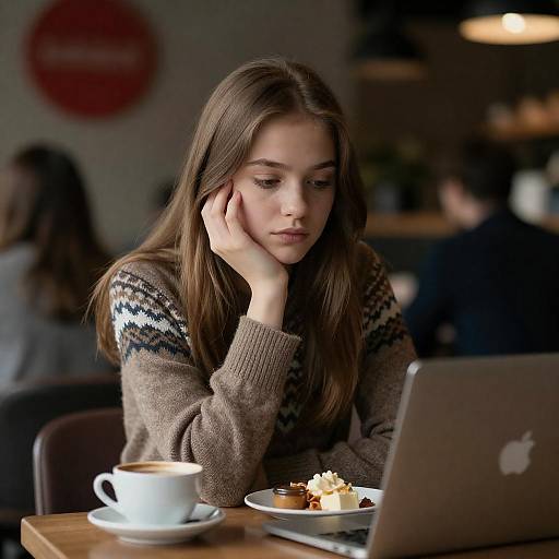 Contemplative Young Woman Working in Café