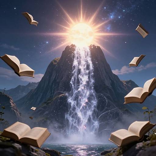 Photorealistic digital art: Sunburst over a majestic mountain with cascading waterfall, surrounded by floating open books, under a starry night sky.