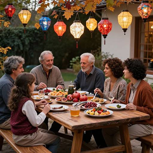 Photograph of a diverse family enjoying a colorful outdoor dinner under hanging lanterns with autumn leaves, surrounded by a rustic wooden table and vibrant food.