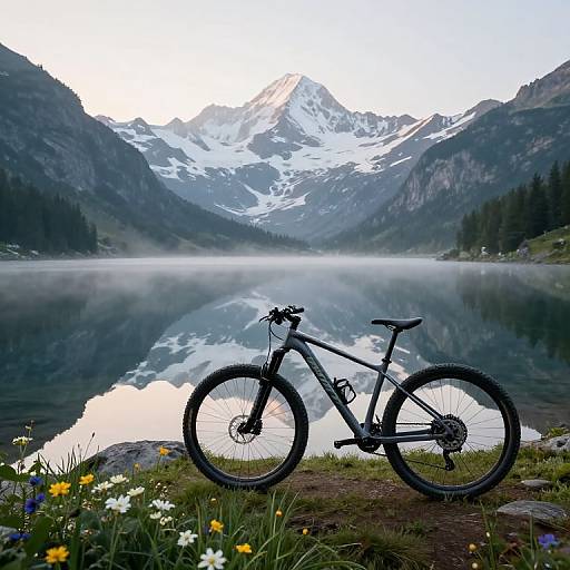 Photograph of a black mountain bike with thick tires, standing on grassy shore with wildflowers, reflecting in a serene mountain lake, with snow-c