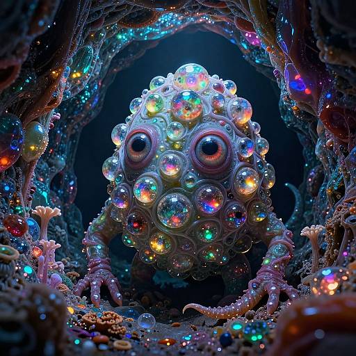 Digital art of a glowing, multicolored, eye-covered sphere in a dark, bioluminescent cavern with tendrils and vibrant lights.